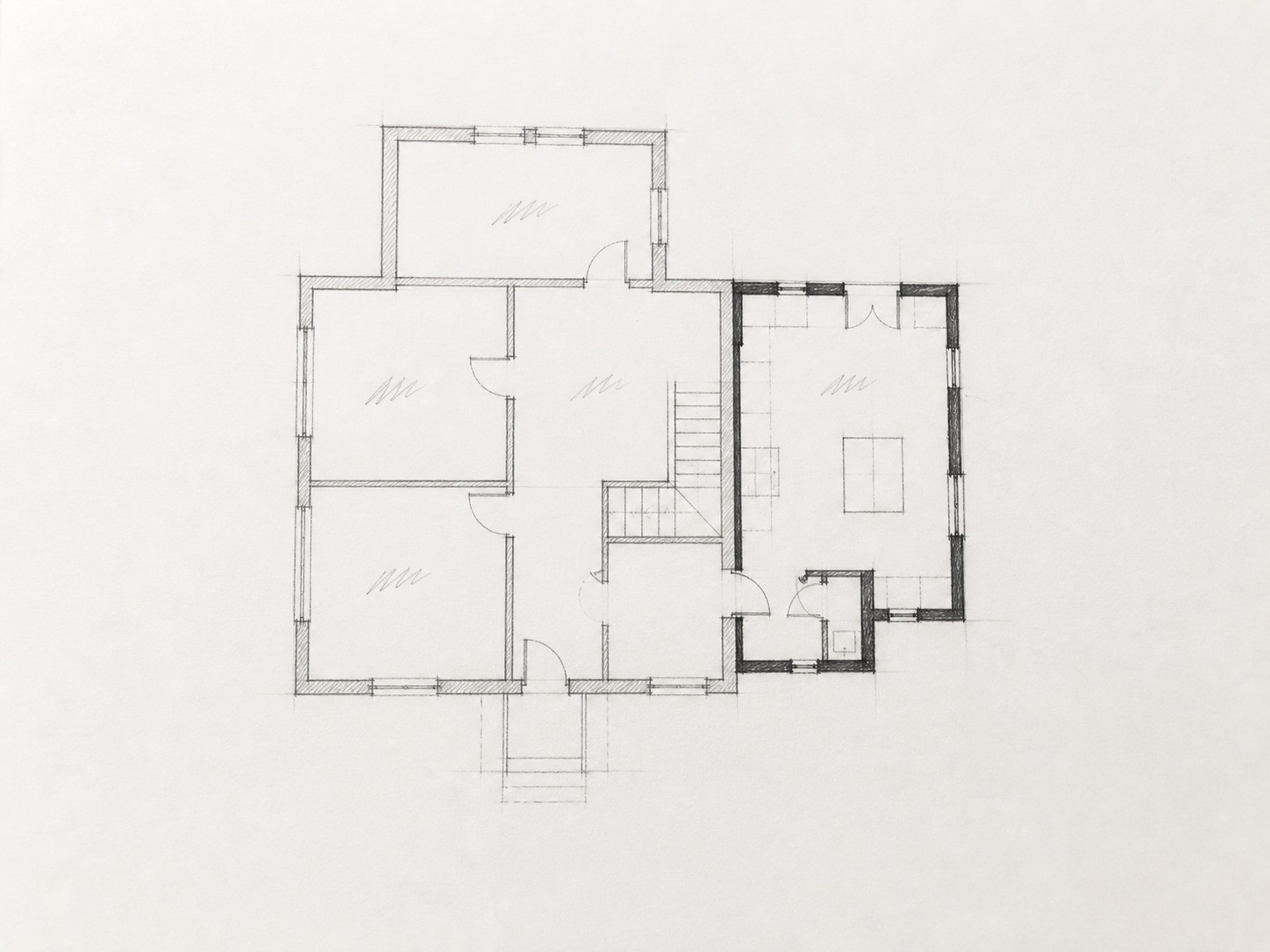 A hand-drawn graphite floor plan with the new addition drawn in darker line