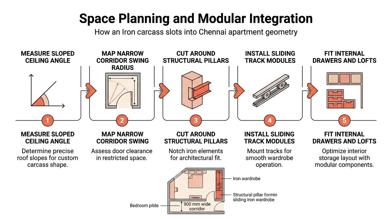 A diagram illustrating the five-step space planning process for integrating a custom iron wardrobe into apartment architecture.