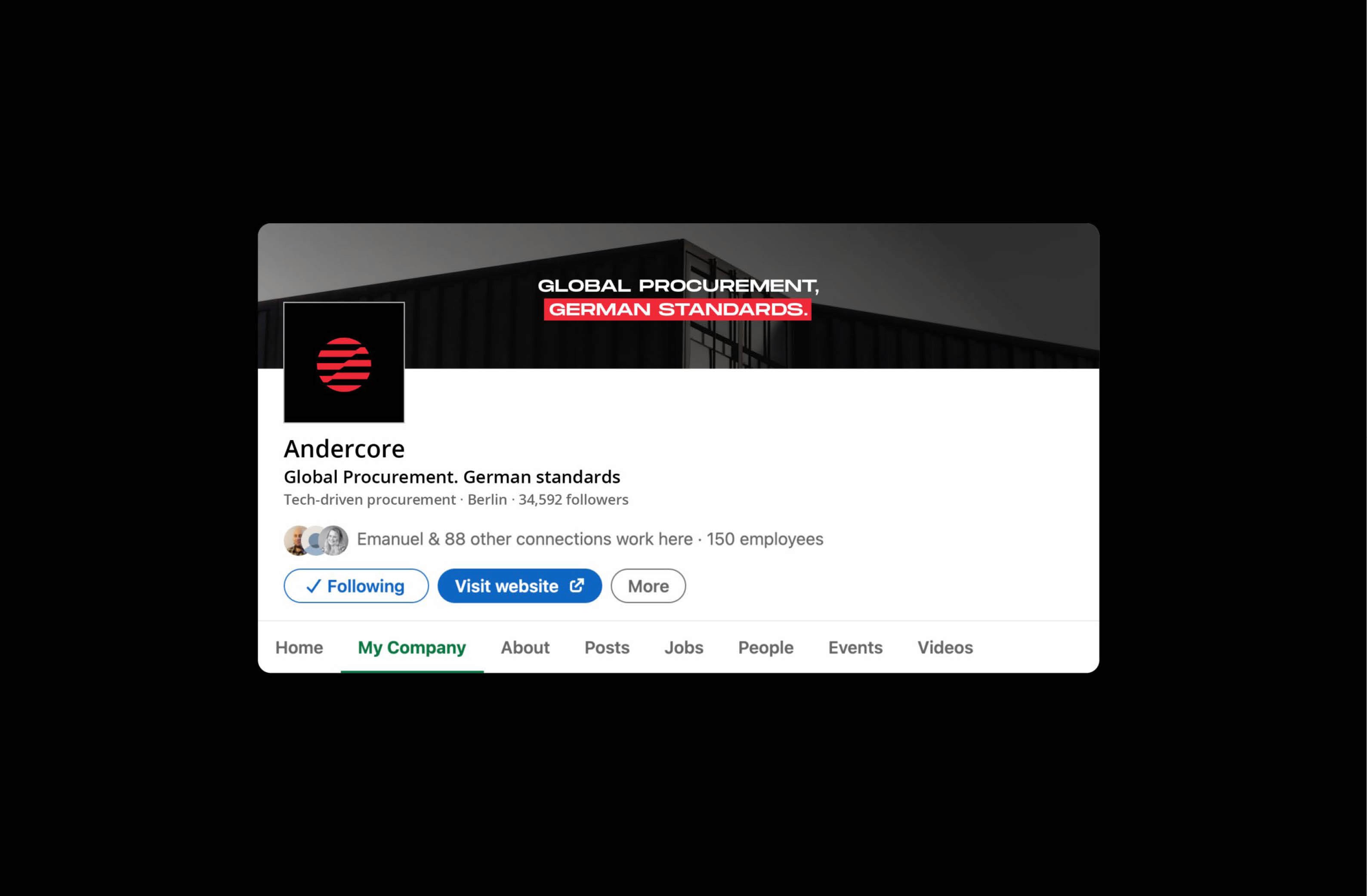 Andercore LinkedIn profile showcasing global procurement services and strong emphasis on German standards.