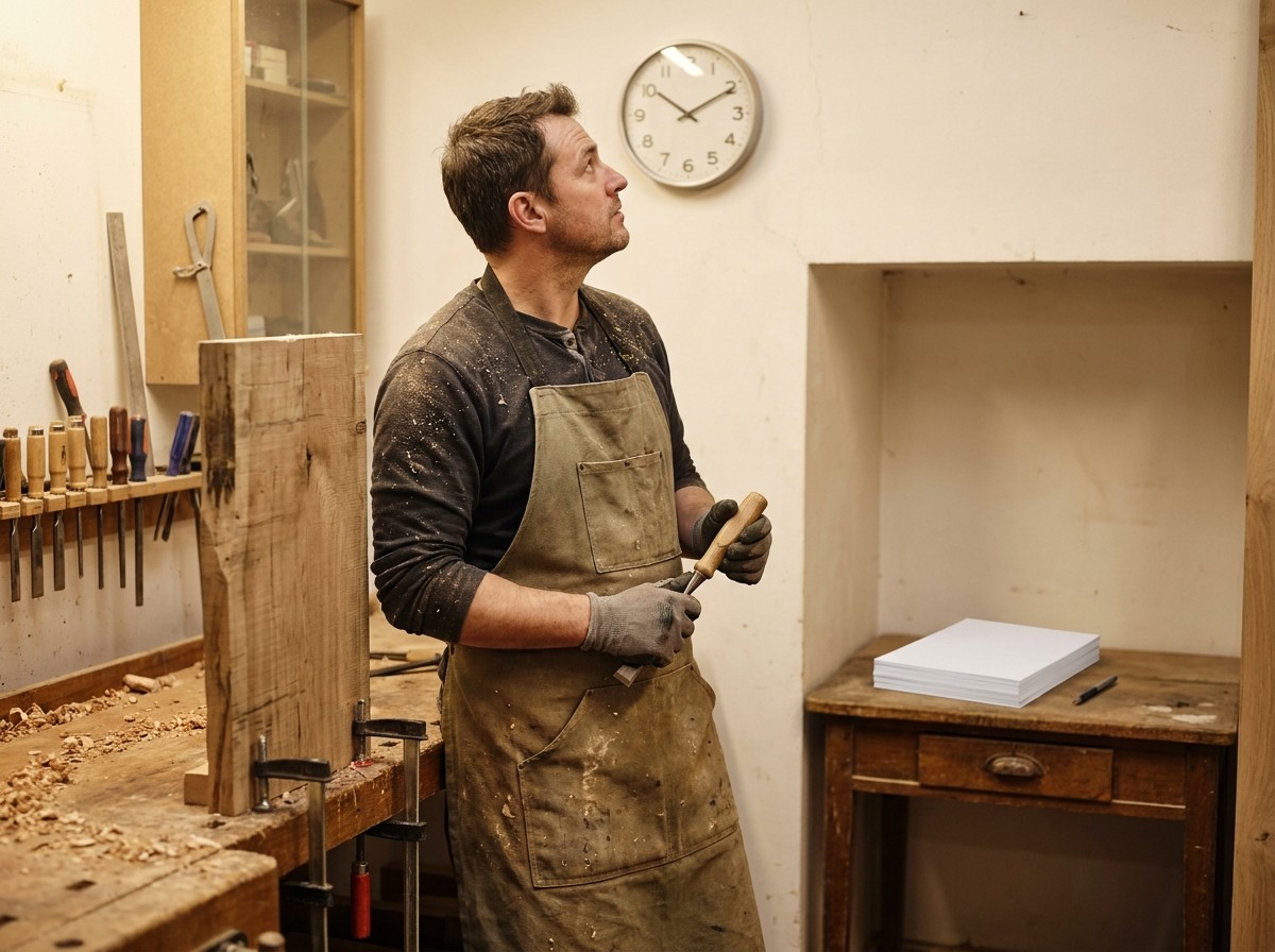 Handwerker bei der Arbeit mit unbearbeitetem Schreibtisch voller Papiere im Hintergrund