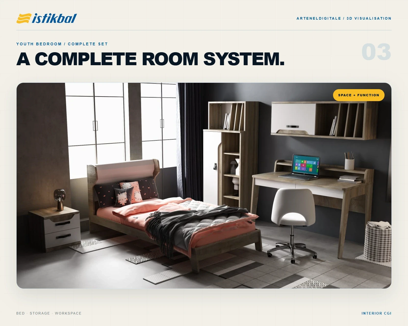 Photorealistic youth bedroom furniture set with a bed, wardrobe, desk and coordinated storage units.