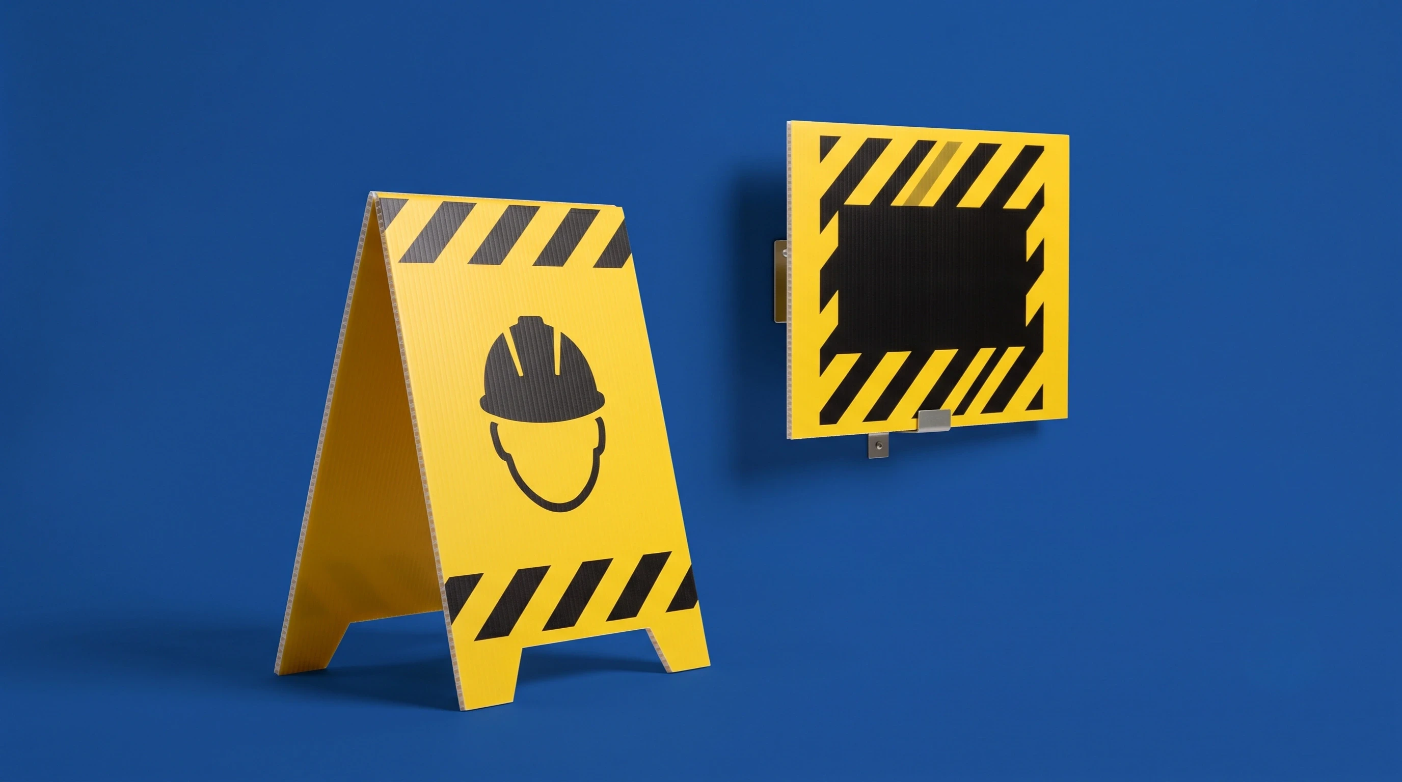Yellow and black printed PP safety signs, including a hard-hat warning A-frame sign