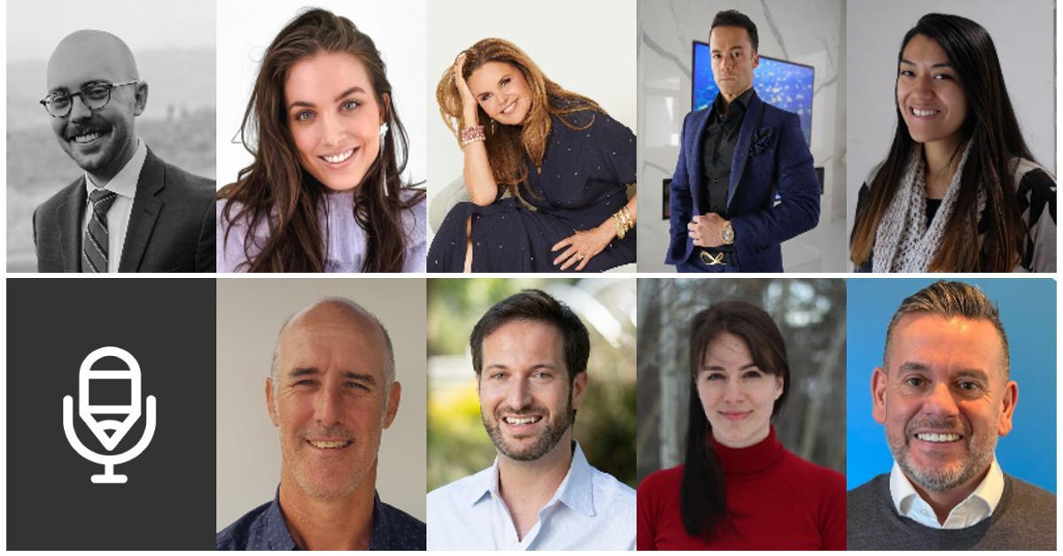 Grid of ten headshots featuring a mix of men and women in business or casual attire. One tile shows a white microphone icon on a dark background. Subjects are posed against indoor and outdoor backdrops, smiling or in neutral expressions.