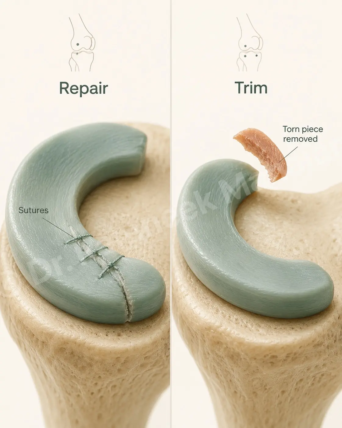 Two meniscus operations: a repair stitches the tear and keeps the cushion; a trim removes the torn piece, leaving a smooth rim.