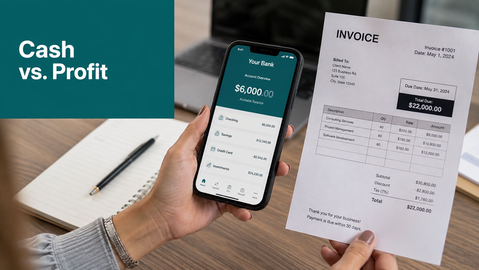 A person holding a smartphone showing bank balances and an invoice for consulting services on a desk.