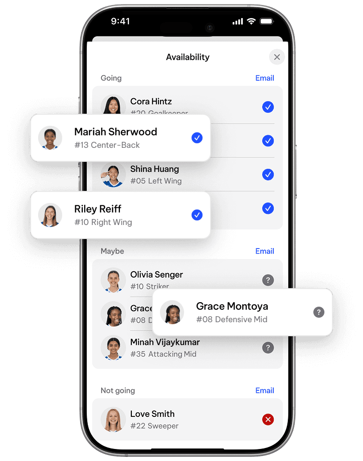 TeamLinkt player availability feature on mobile showing soccer players confirming game availability