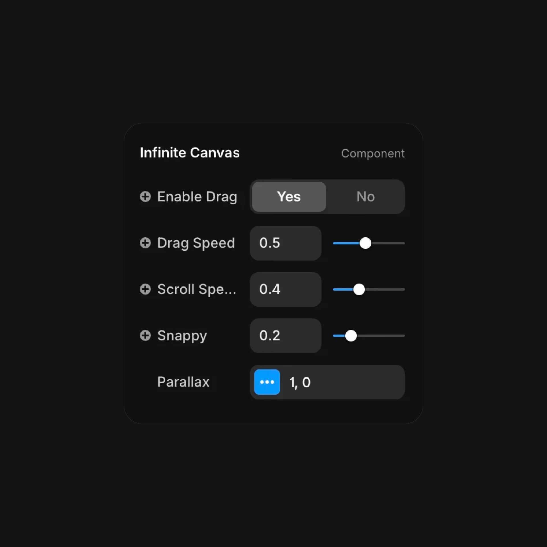 UI panel showing infinite-canvas drag and speed settings