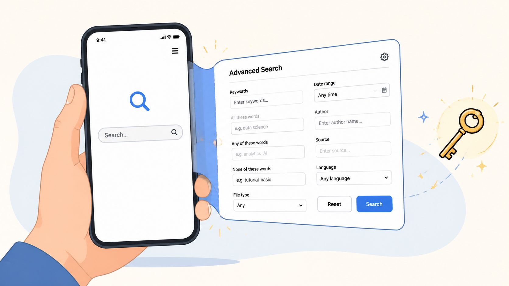 A hand holding a mobile phone next to a floating digital window showing advanced search filtering options.