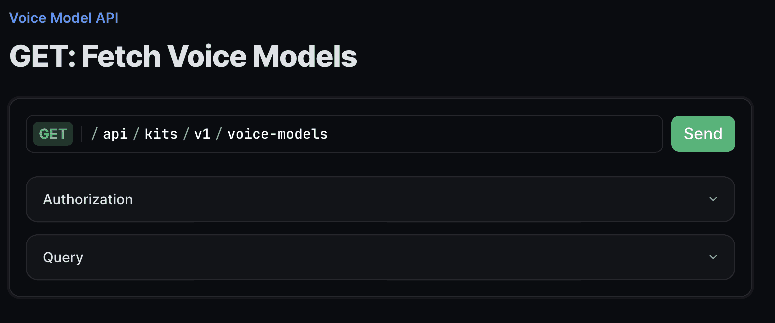 GET voice models request visualization with the Kits AI API