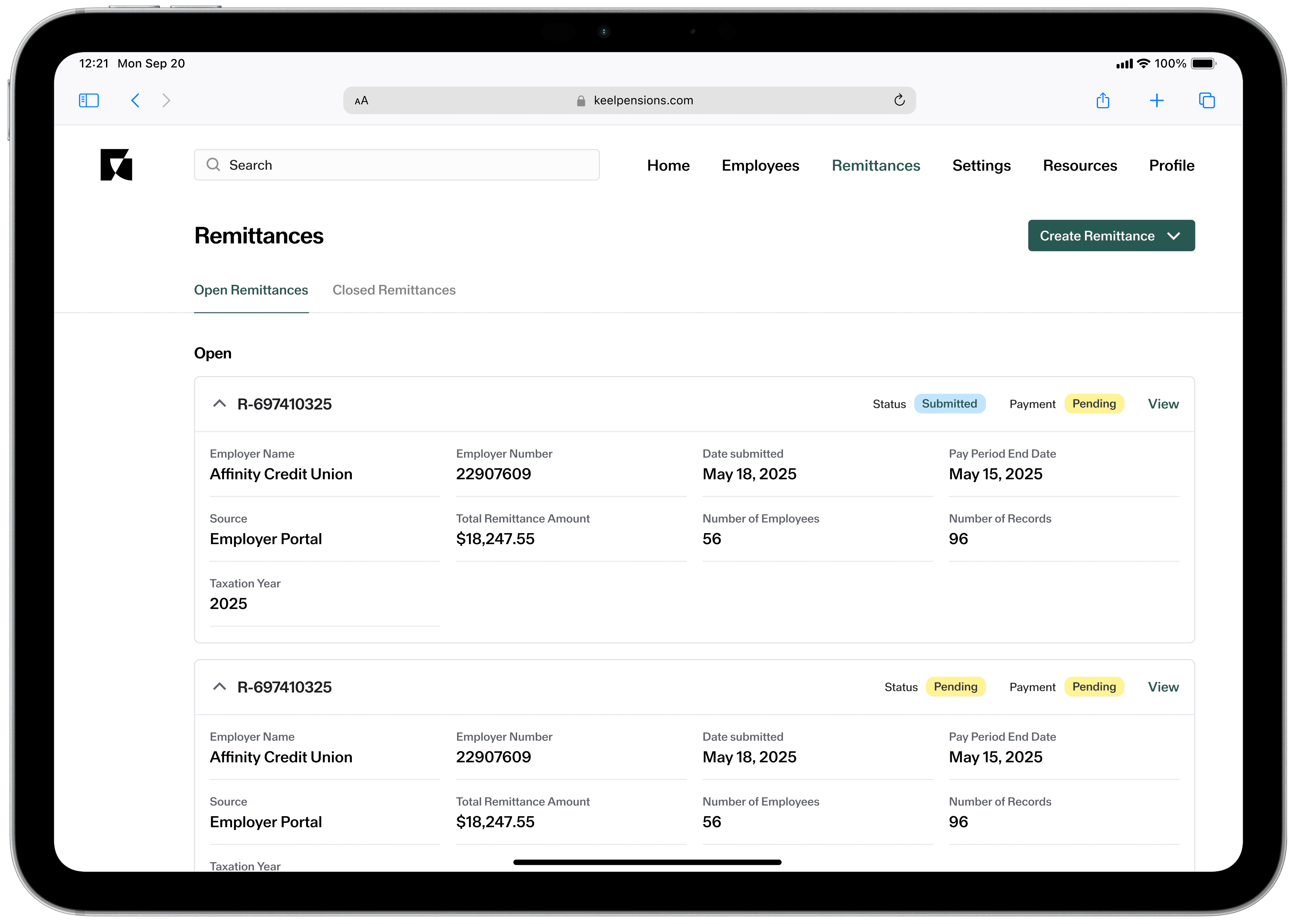 Open remittances tab in the employer portal