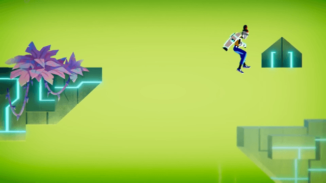 Character in futuristic armor leaping across a floating platform in neon green landscape