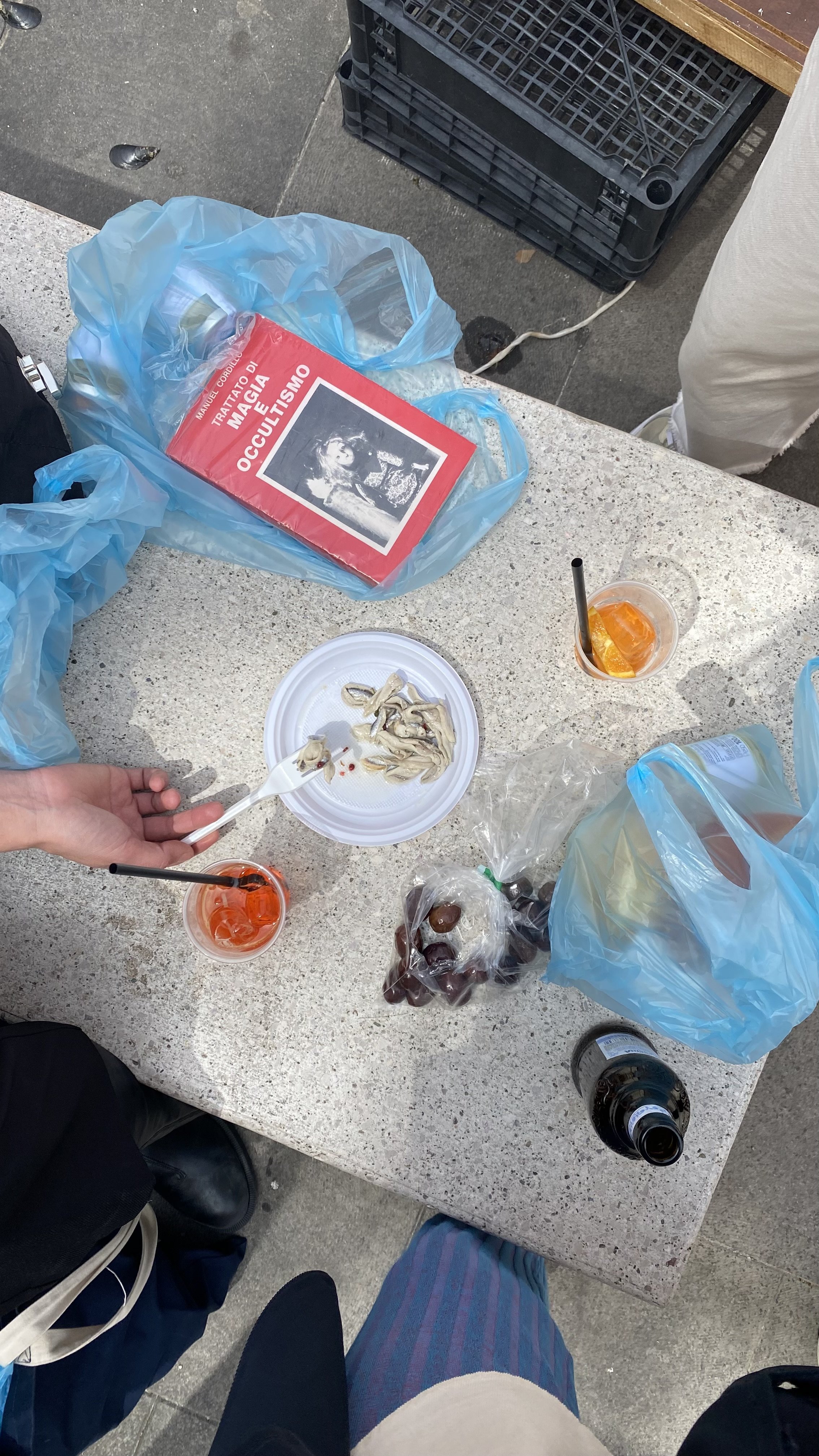 Overhead view of a table with snacks, drinks, a book, and people sitting around it at an outdoor setting.