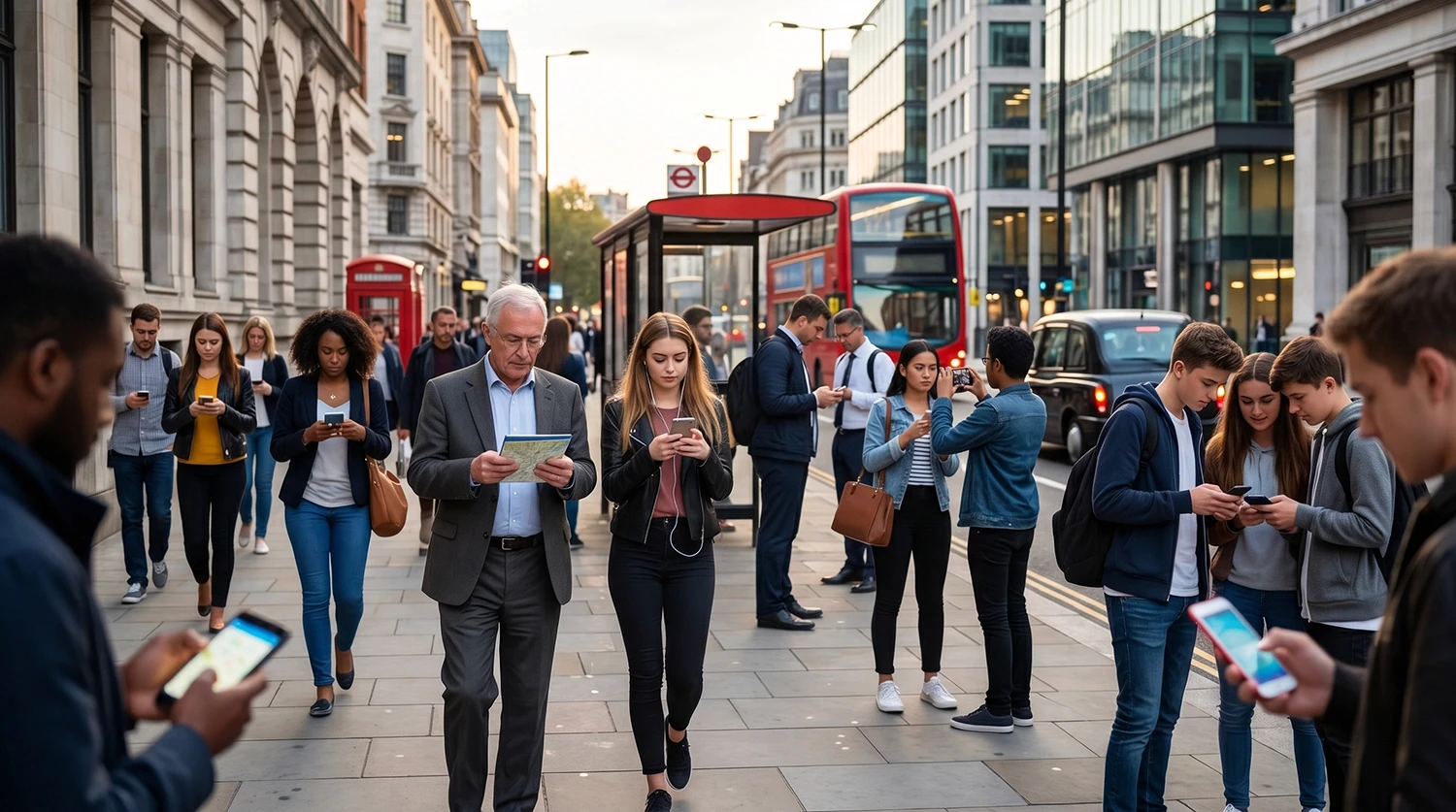 Diverse London commuters using smartphones on city street with red bus for mediareach mobile marketing insights