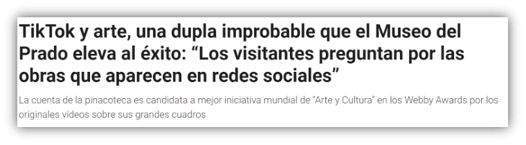 Titular de prensa con la noticia de la cuenta de Tik Tok del museo del Prado