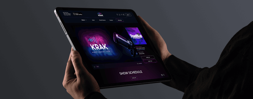 Custom sound wave icon in vibrant blue, pink, and purple over black background. Krak media platform interface displayed on a tablet and hands holding a tablet showing the neon-lit website.