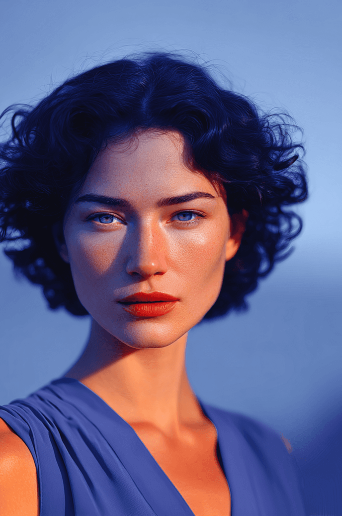  A woman with vibrant blue hair and striking red lips, showcasing a bold and artistic style.