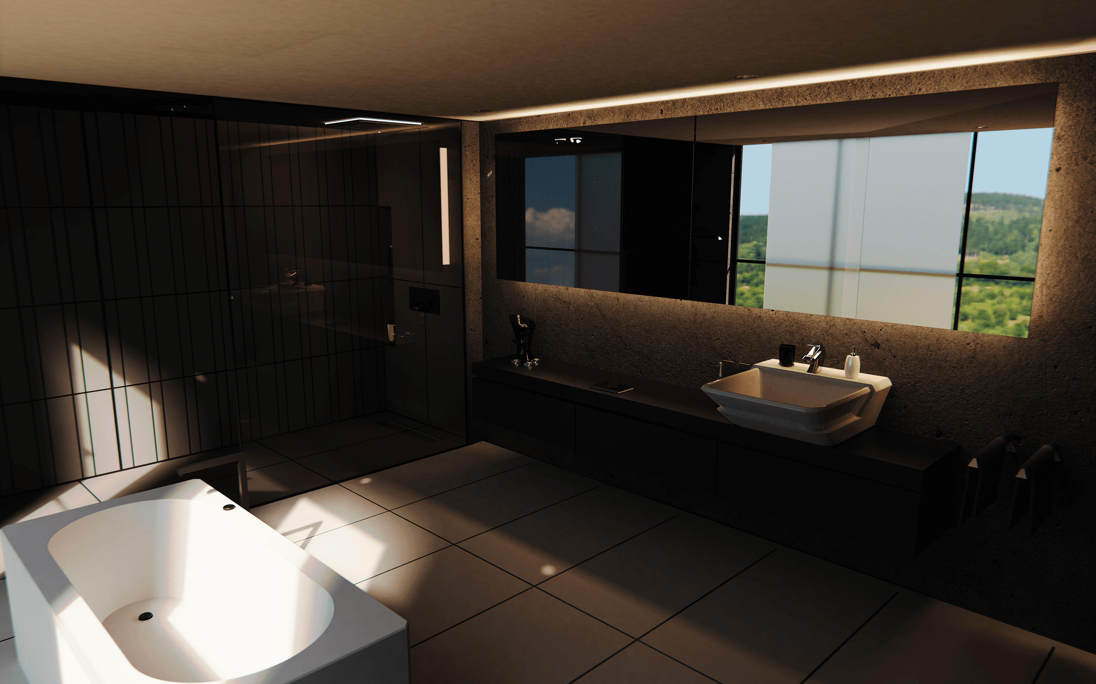 Bathroom render scene showing a slightly warm lit bathroom during the day, focusing on the washbasin and faucet from the Kane bathroom accessories collection.