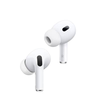 Produktbillede af Apple AirPods Pro 2. generation true wireless earbuds og opladningsetui på hvid baggrund.