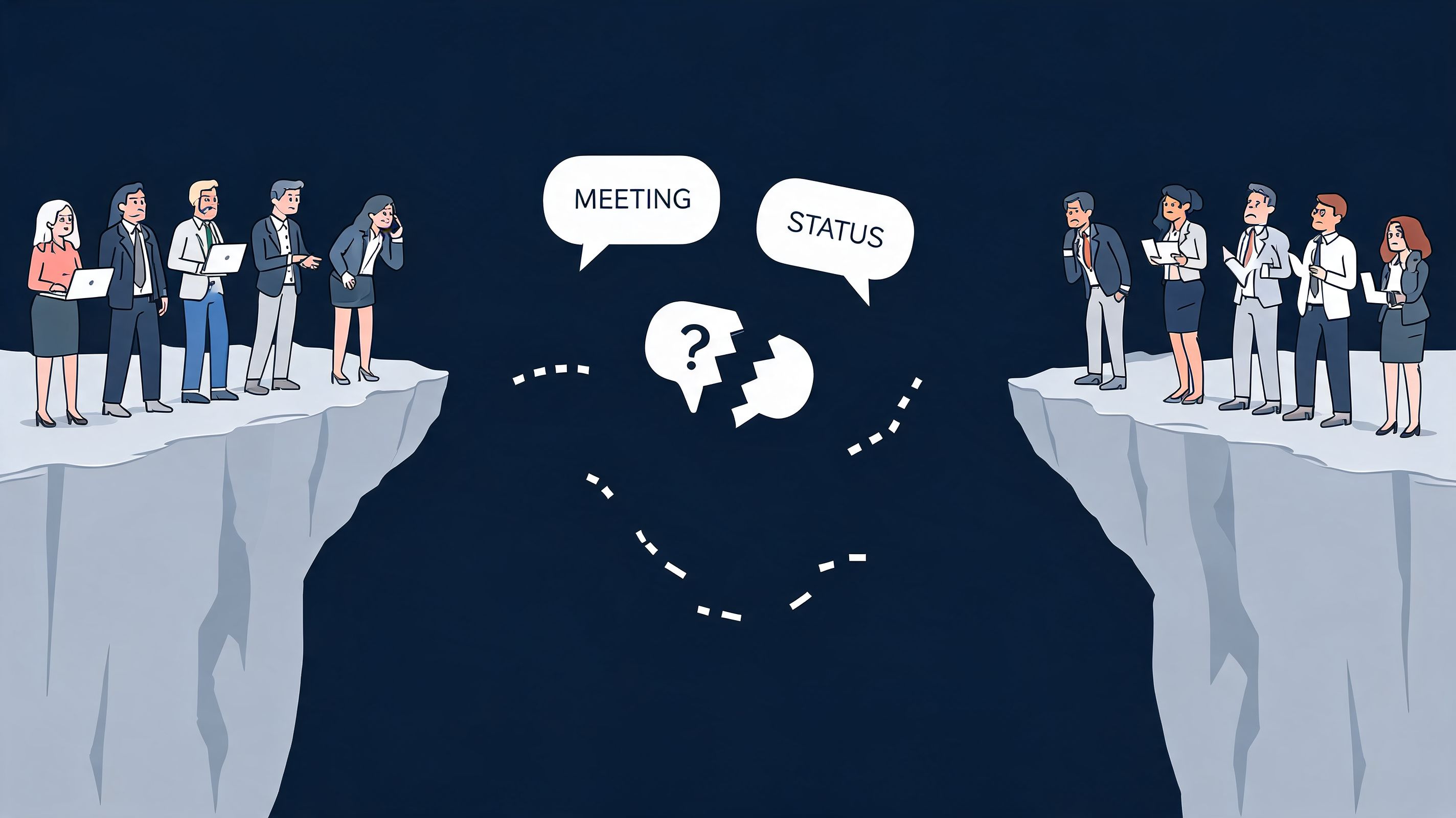 A professional business team divided by a gap representing communication breakdown and disconnect in workplace collaboration.