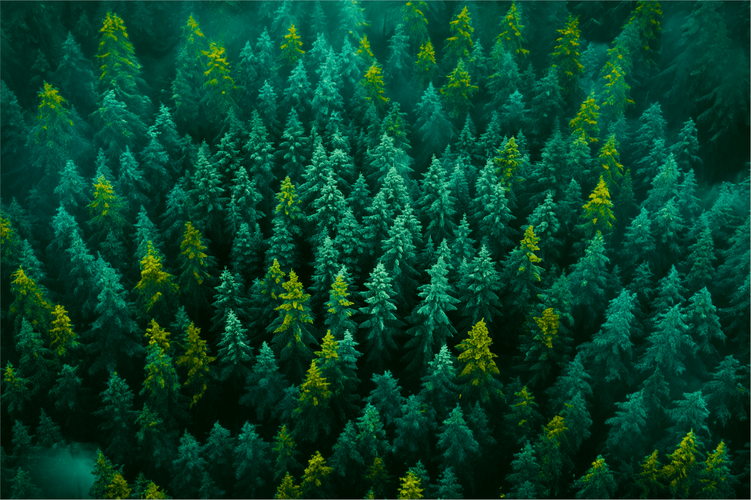 Aerial view of a misty, deep teal pine forest with vibrant yellow-green treetops scattered throughout.