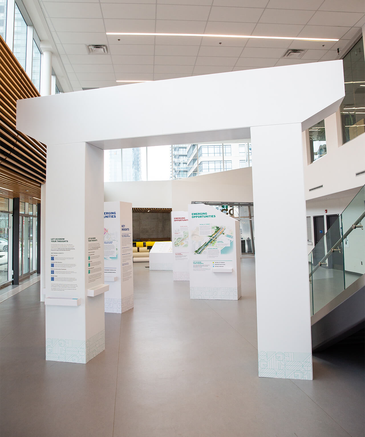 A view from the back of the exhibit, with a large structure reflecting a bent from the Under Gardiner.