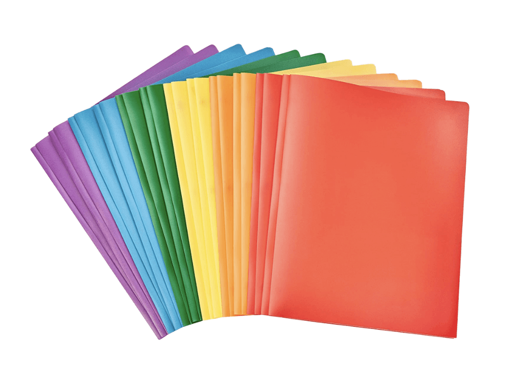 A stack of colorful two-pocket folders in a range of colors including red, orange, yellow, green, blue, and purple.
