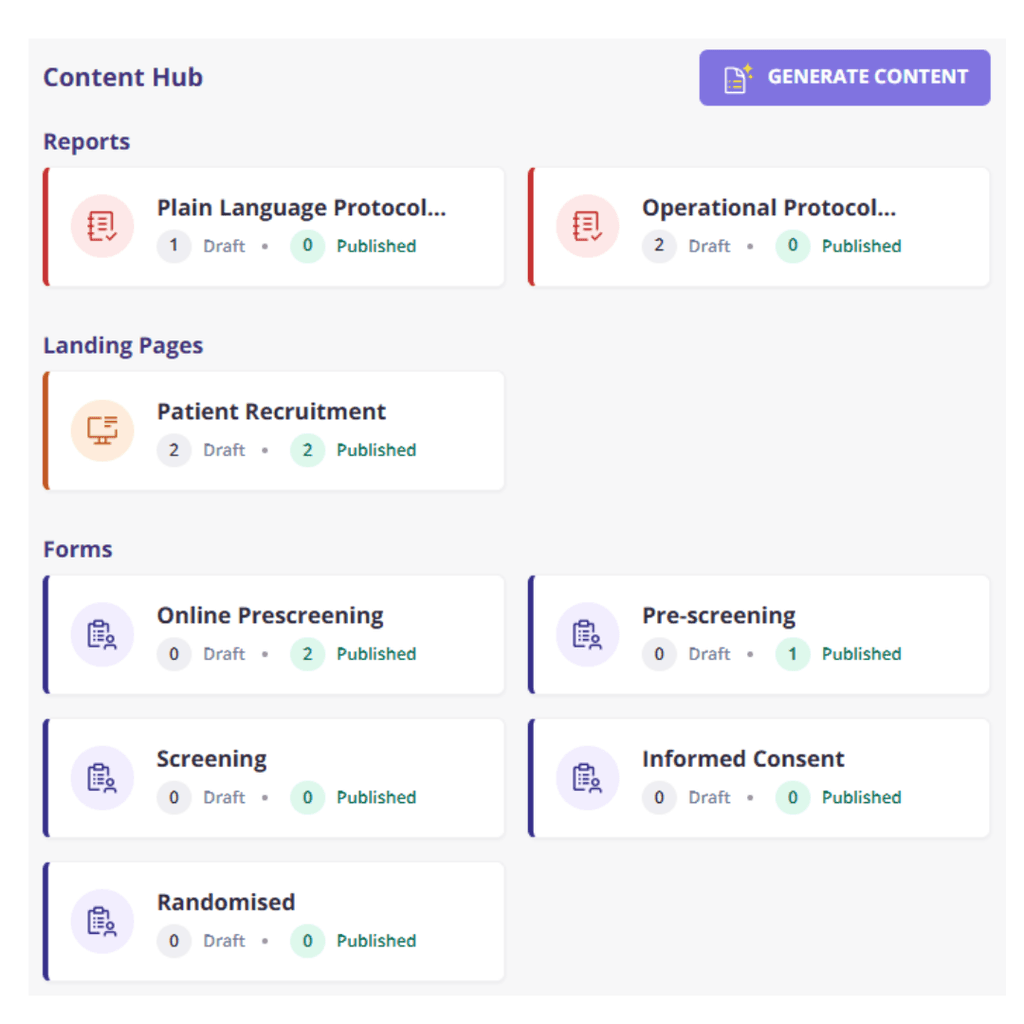 Screenshot of Clinials different content that can be generated