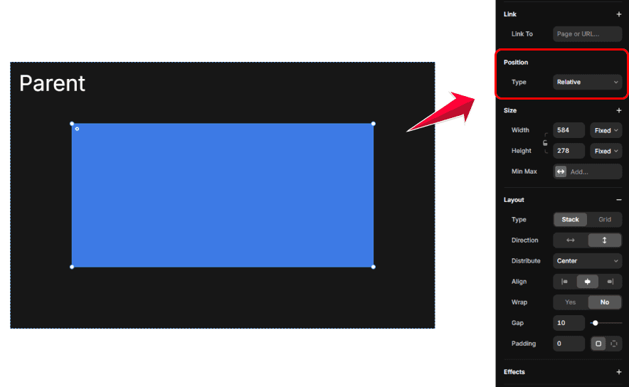 Panneau de droite Framer montrant le réglage de position relative dans le layout