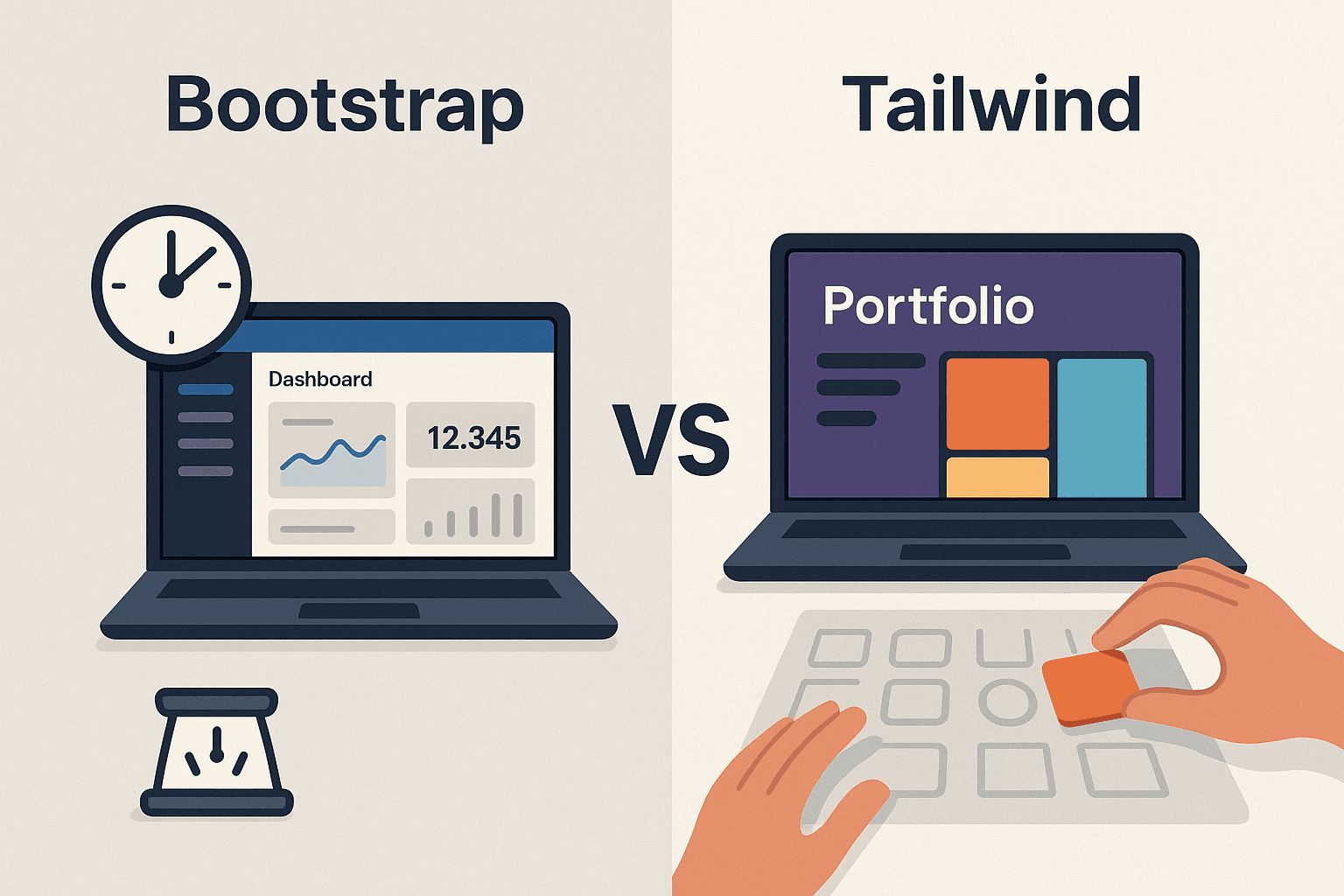 A split illustration showing Bootstrap as a laptop with a simple admin dashboard and clock icon for quick setup, and Tailwind as a laptop displaying a colorful, custom portfolio with hands arranging design elements to show creative flexibility.