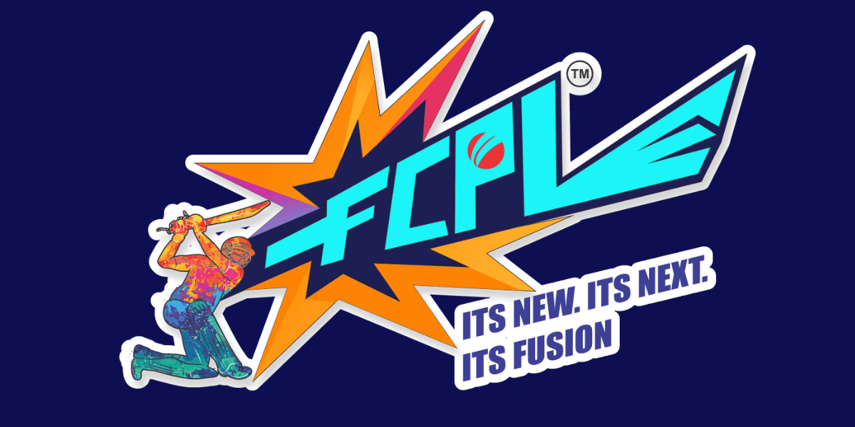 Fusion Cricket Premier League logo with dynamic design featuring a cricket player and bold, colorful branding for FCPL.
