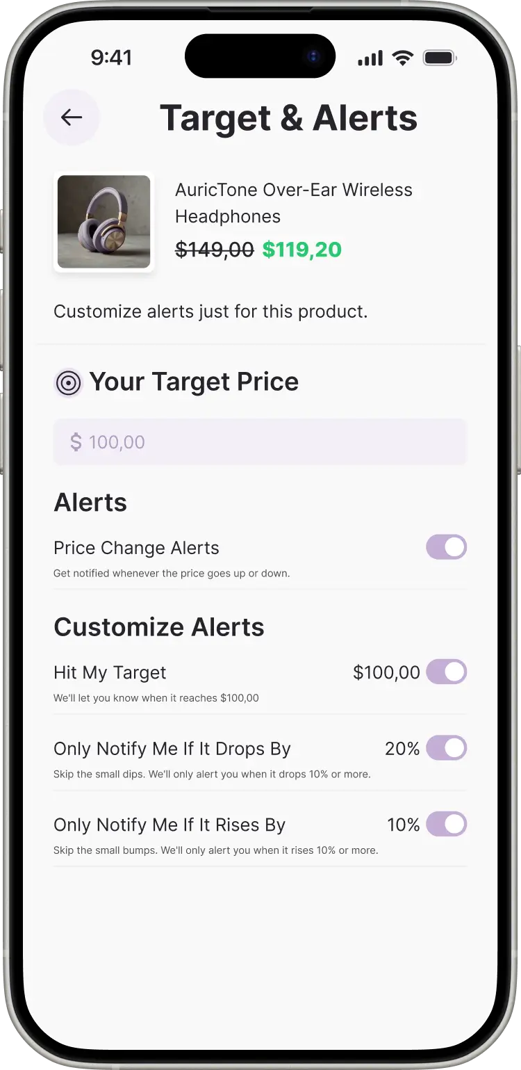 Whisprice app showing per-product alert customization screen for AuricTone Over-Ear Wireless Headphones, with target price set to $100, drop threshold at 20%, and rise threshold at 10%