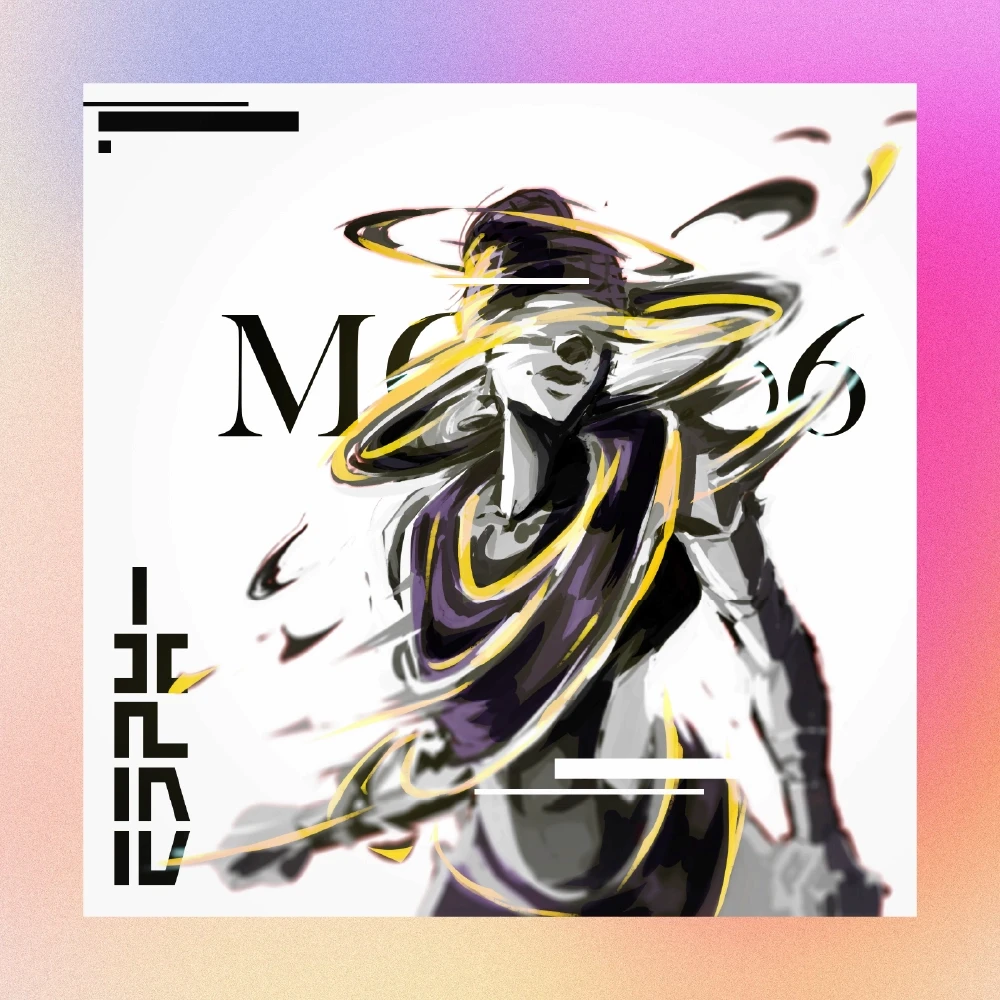 Stylized digital artwork depicting a figure in a large hat, with its eyes obscured. The illustration is done in black and white with dynamic yellow and black lines swirling around the subject. The letters "MS-06" and "-ESRA-" are also on the image.