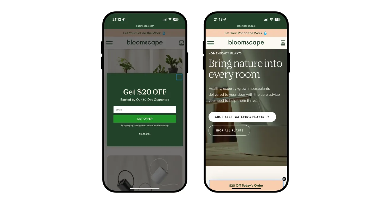 Bloomscape mobilepopup with a bottom banner Teaser optimized for the ergonomic thumb zone