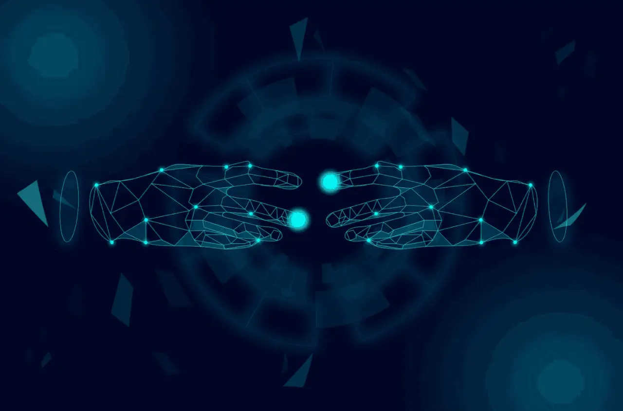 Two glowing wireframe hands reaching toward each other on a dark blue background.