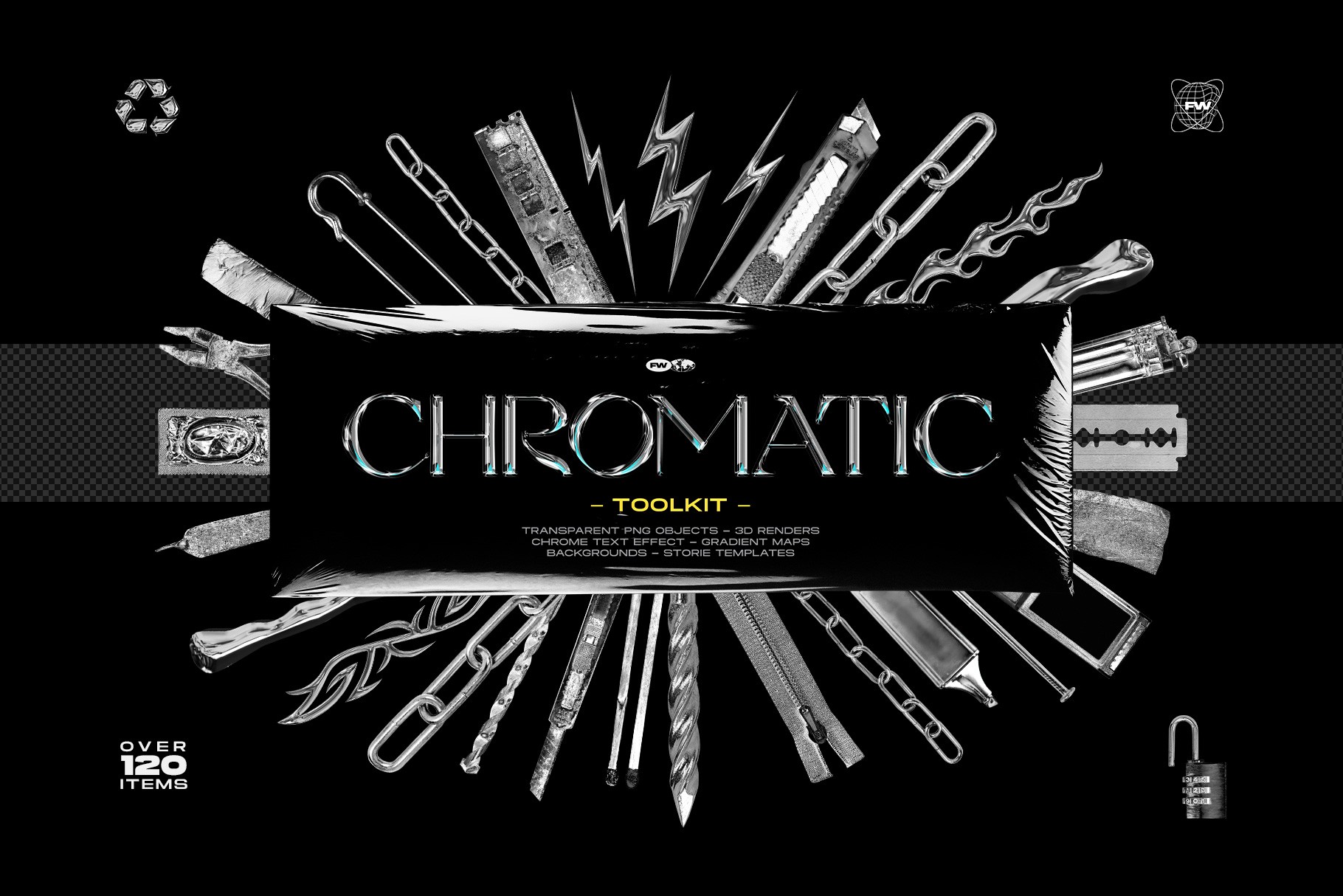 Chromatic Toolkit featuring a massive collection of shiny chrome 3D renders and transparent metal objects