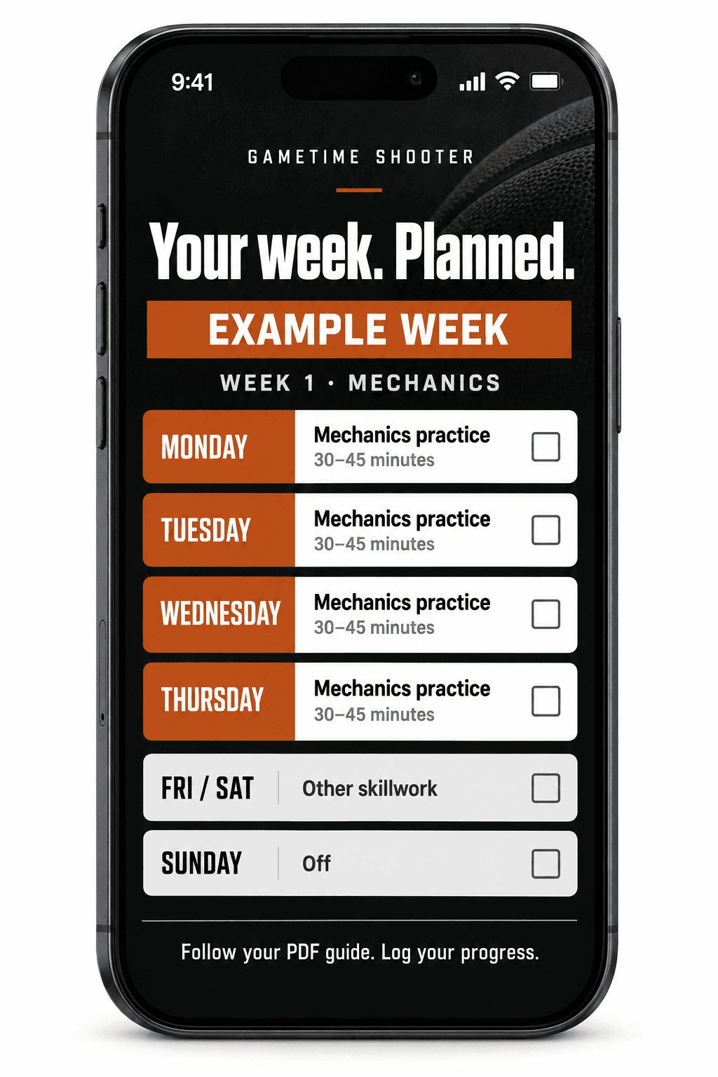 Illustrative example week: four 30–45-minute mechanics practice sessions, Friday and Saturday other skillwork, Sunday off.