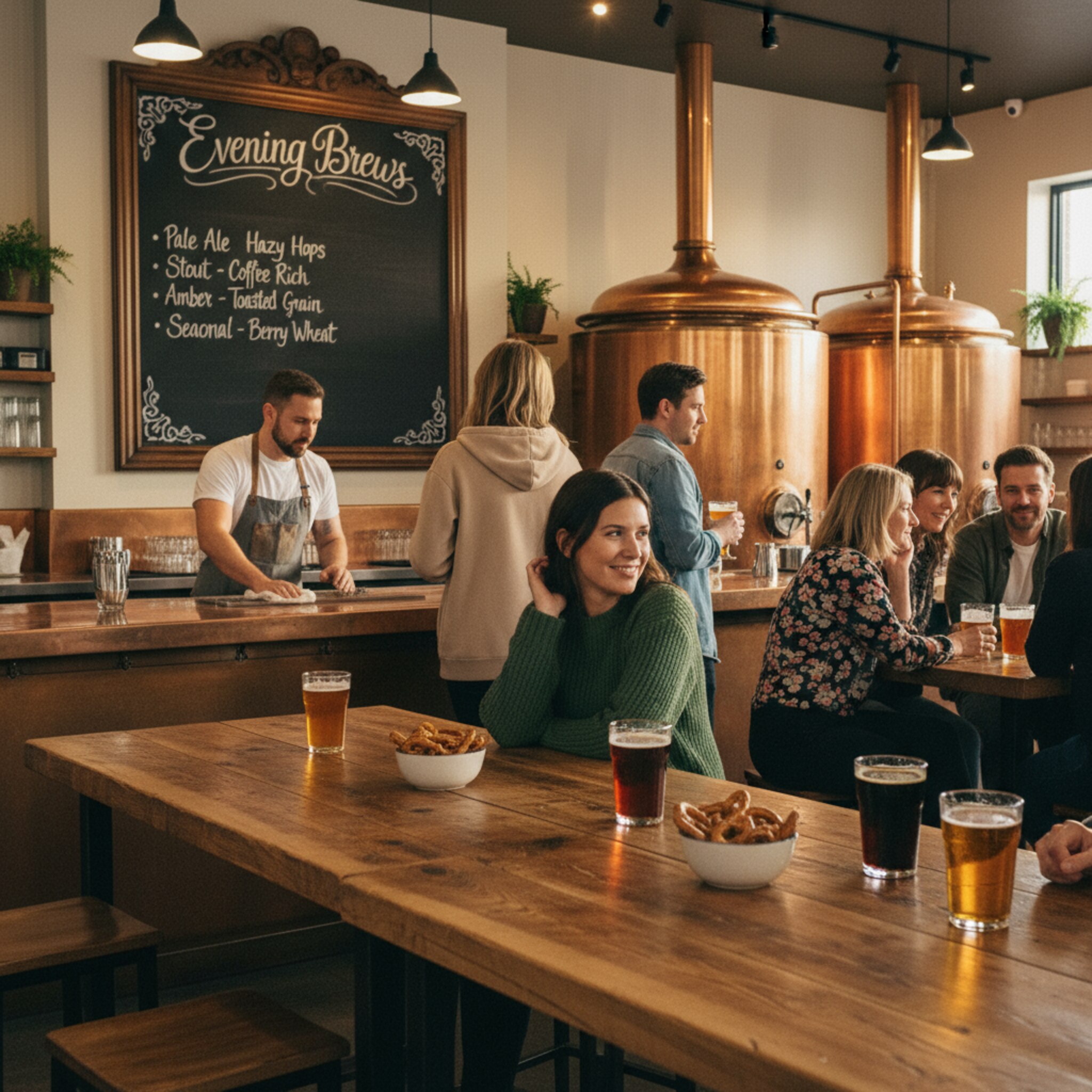 Im Taproom fallen weiche Abendstrahlen auf lange Holztische. Frisch gezapfte Gläser perlen neben kleinen Schälchen mit Brezeln. Eine Tafel listet Sorten mit Kreide, leises Lachen mischt sich mit Musik. Ein Barkeeper wischt den Tresen, im Hintergrund schimmert Kupfer in warmem Licht.
