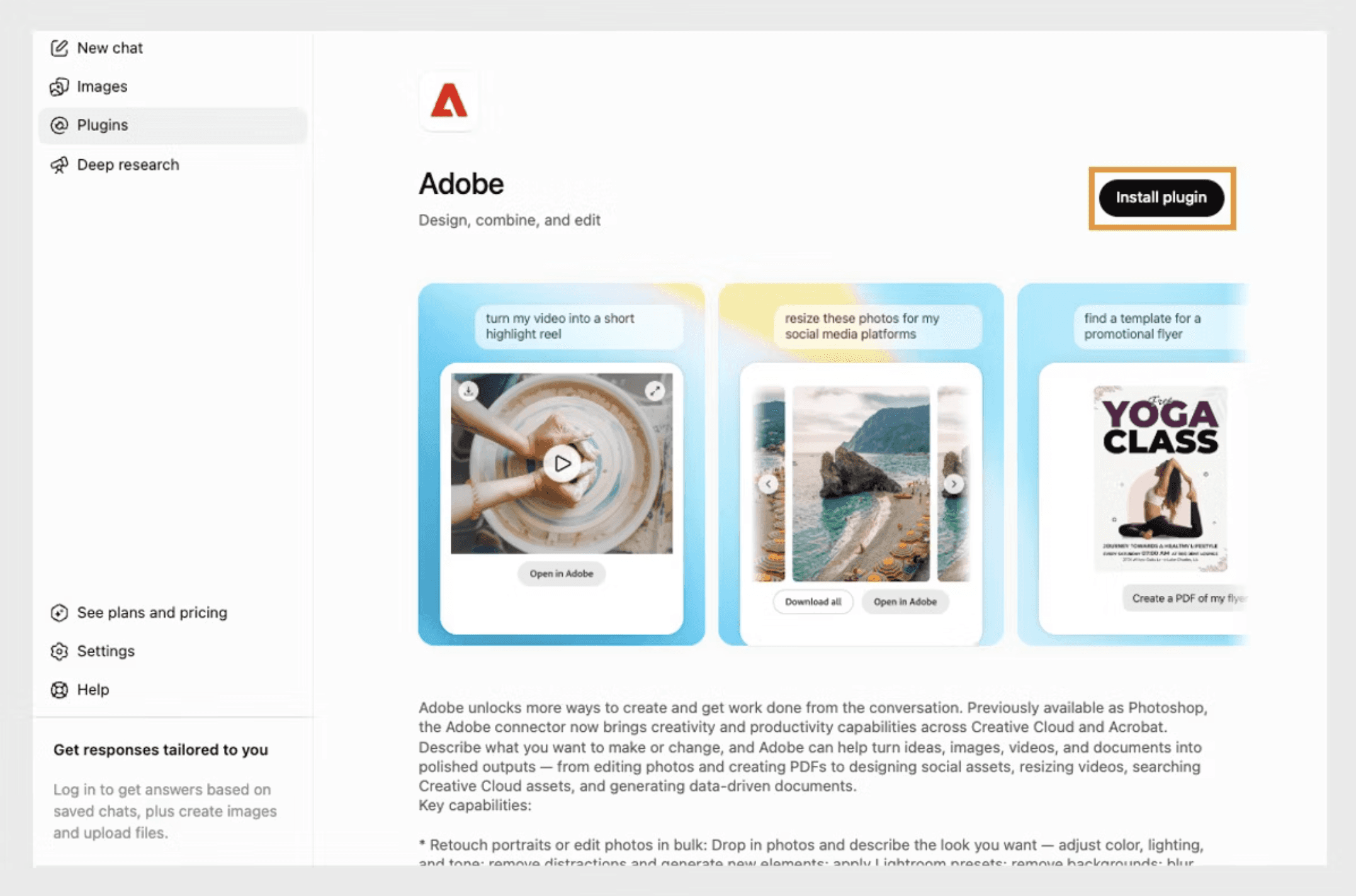 Adobe plugin page in ChatGPT showing the option to install Adobe for image and creative editing workflows.