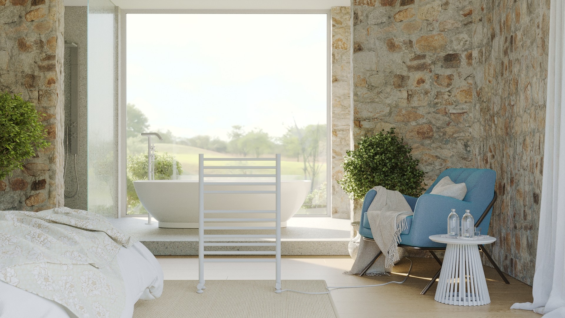 A sunlit bathroom with a large window looking out onto greenery, featuring a white freestanding bathtub and light-toned flooring.