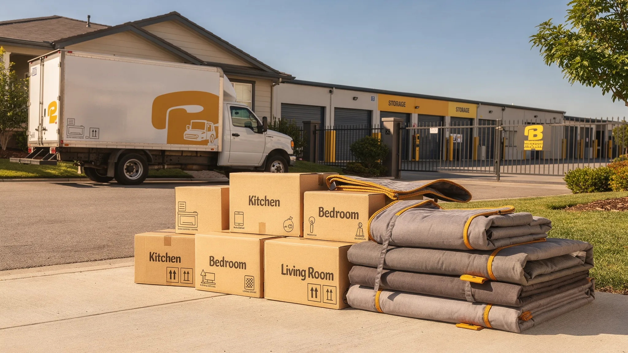 A realistic scene showing a moving truck parked near a home while a secure storage facility is visible in the background, with labeled moving boxes and protective blankets stacked neatly in the foreground.
