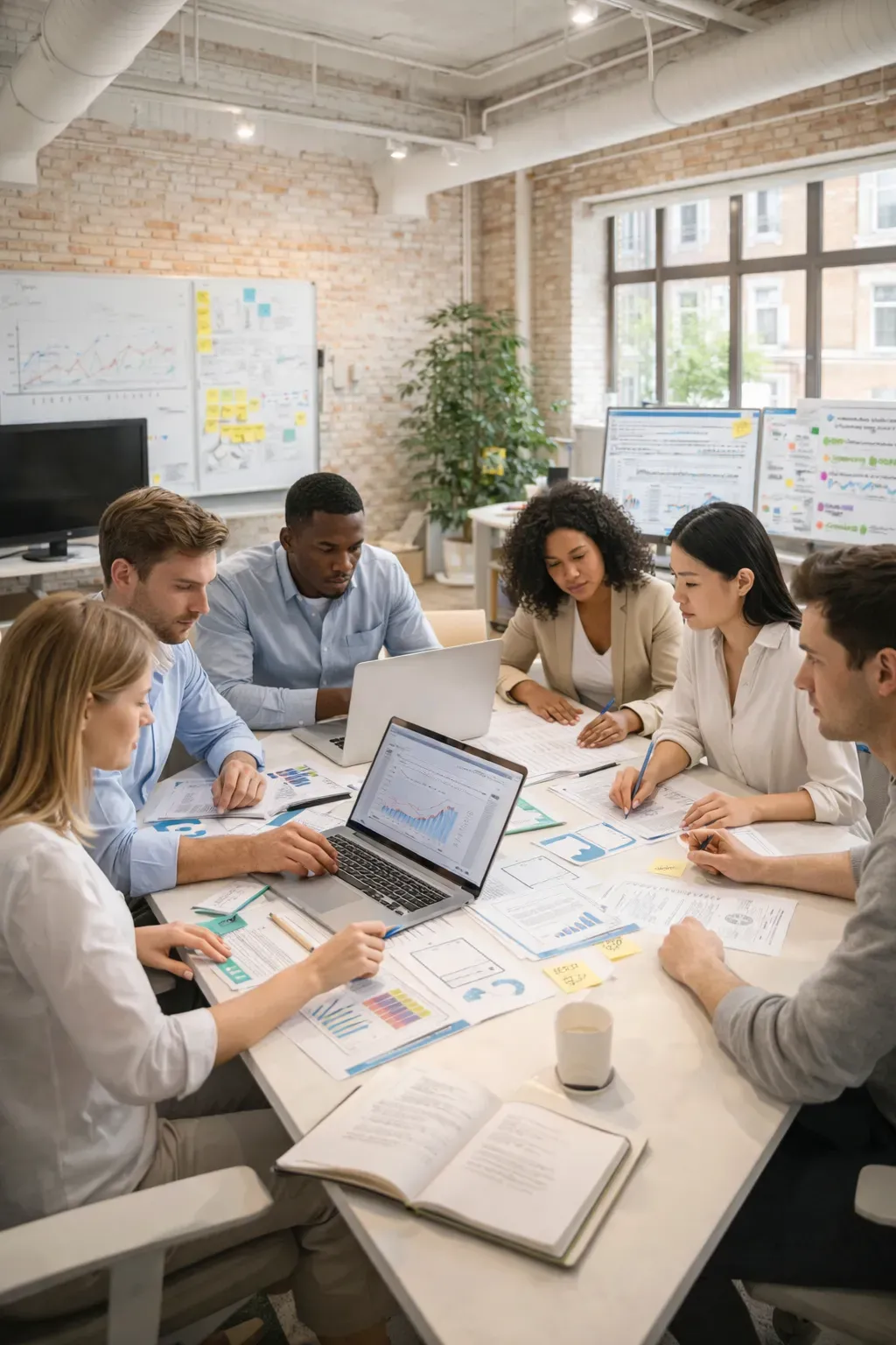 Une image représentant une équipe de consultants en stratégie opérationnelle réunie autour d’une table de travail, analysant des données et des indicateurs de performance sur ordinateur portable, illustrant l’accompagnement des dirigeants de PME dans la transformation organisationnelle, la modernisation des systèmes de travail, l’optimisation des processus, la prise de décision basée sur la donnée et l’amélioration durable de la performance opérationnelle.