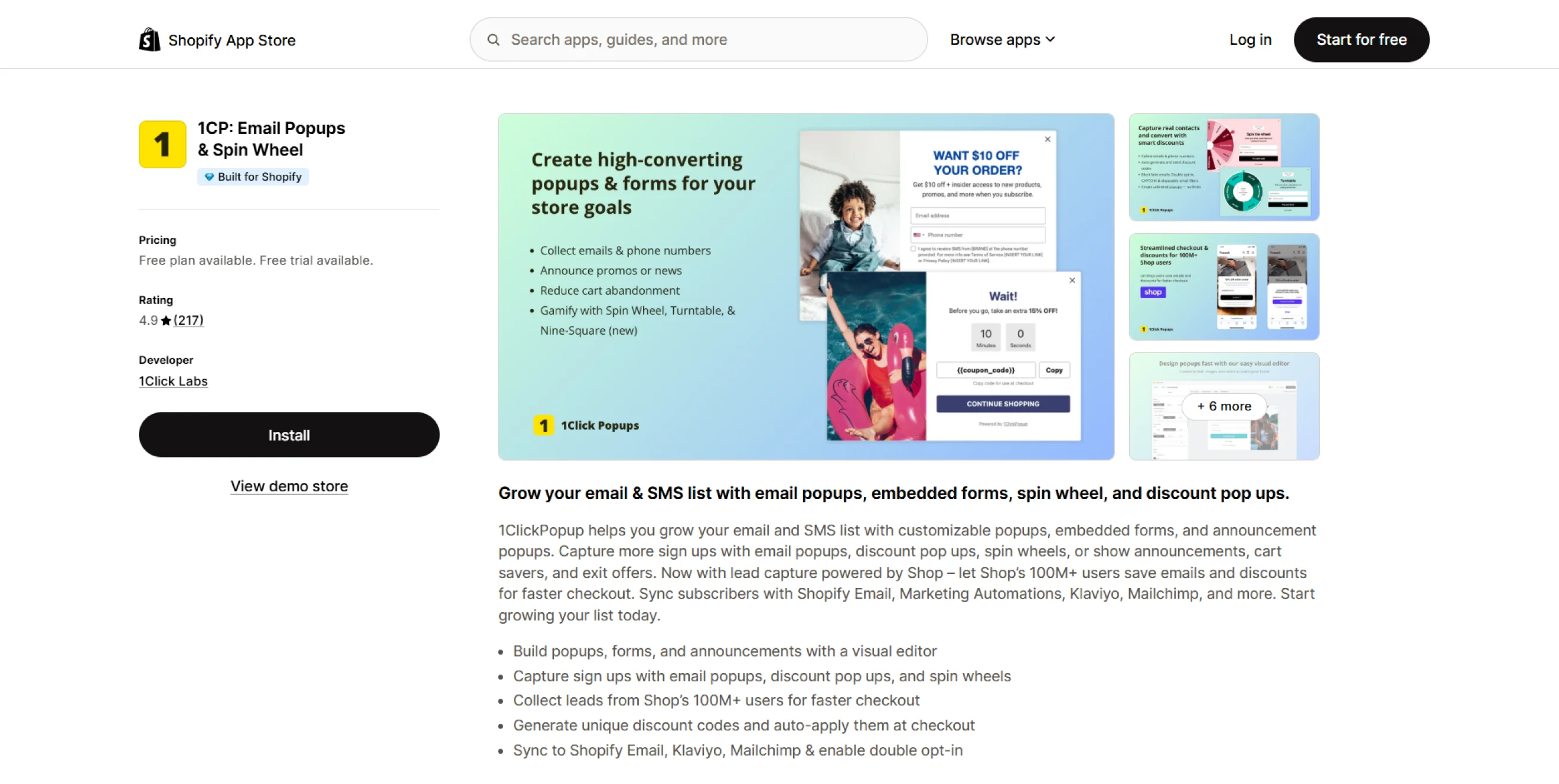 1CP email popup and spin wheel app listing page on the Shopify App Store.