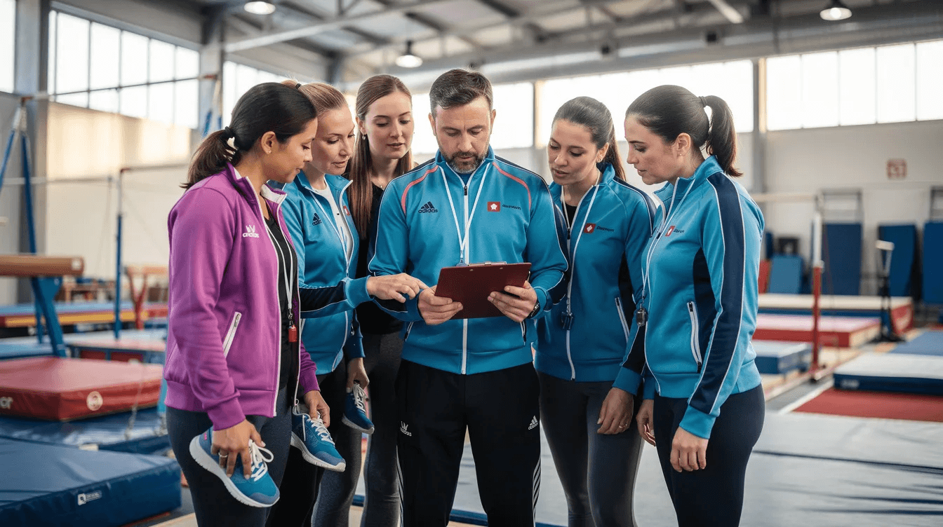 A group of gymnastics coaches in athletic wear are gathered around a clipboard, discussing class schedules and training plans in a gym setting, highlighting their focus on effective club management and the development of young gymnasts. The atmosphere reflects teamwork and dedication to the sport, essential for the success of many gymnastics clubs.