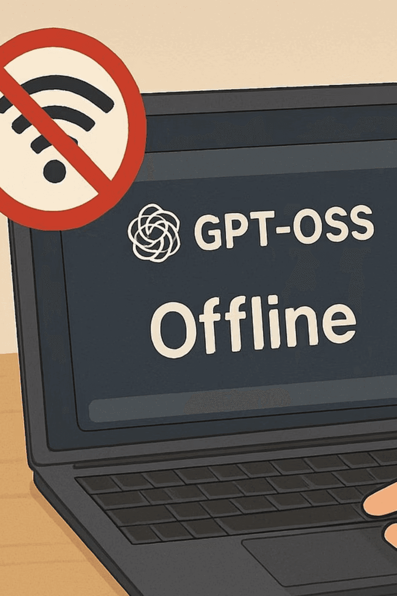 A laptop displaying ‘GPT-OSS Offline’ with a WiFi symbol crossed out in red, illustrating offline functionality.