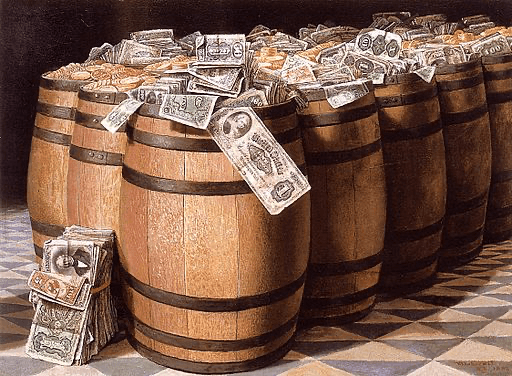 A row of neatly stacked wooden barrels with tags, set on a tiled surface.
