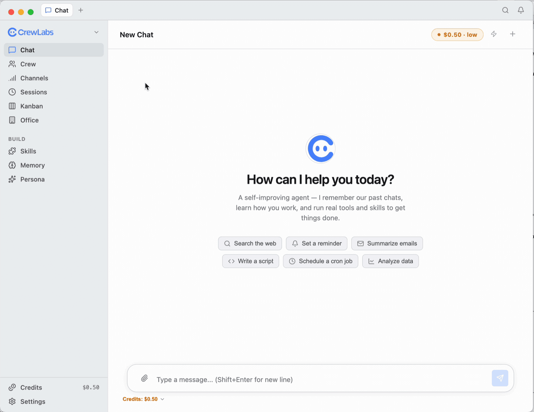 CrewLabs desktop app — chatting with your agent