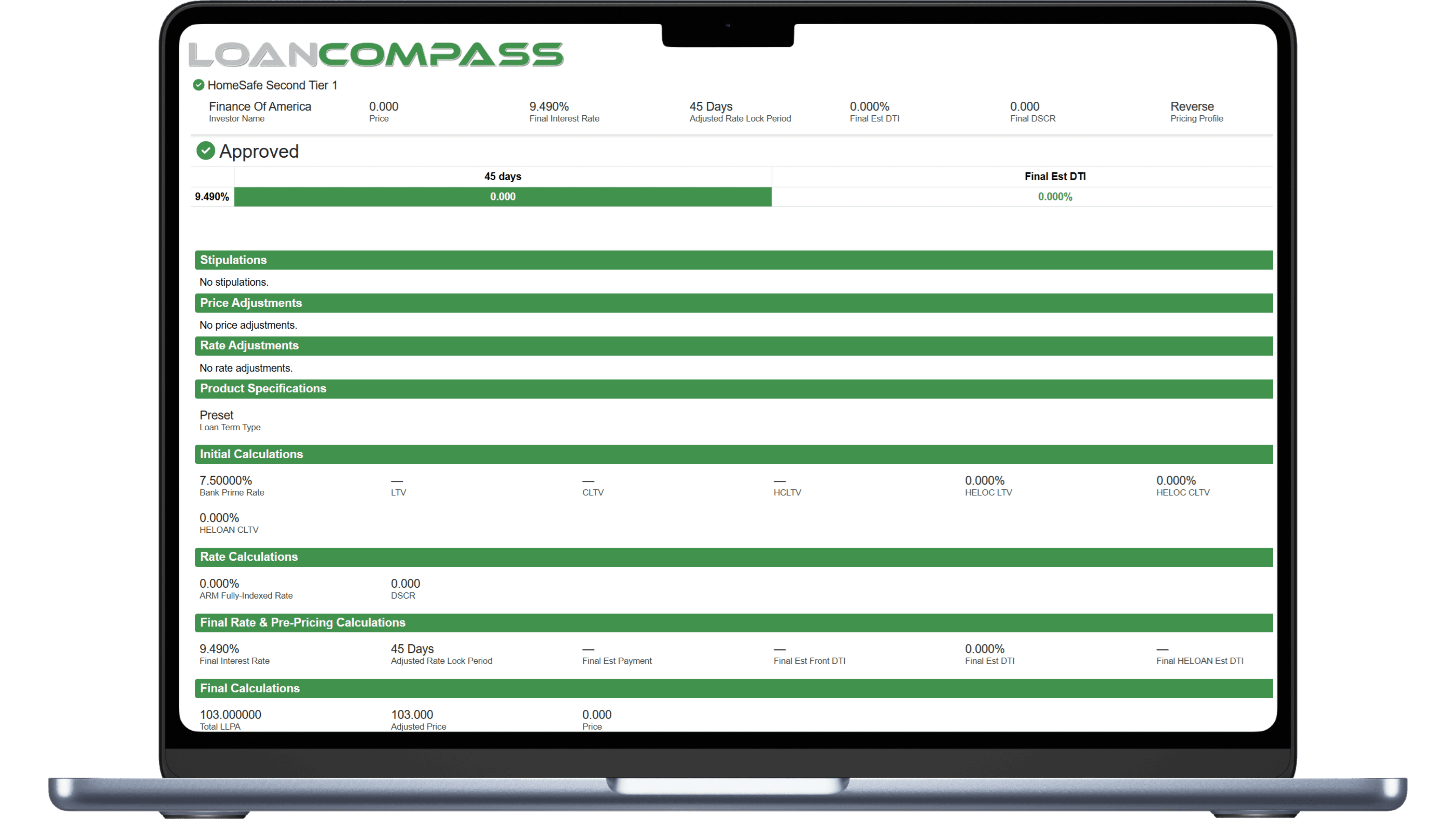 A laptop displaying an Approved loan found with the LoanPASS Price a Loan page through LoanPASS.