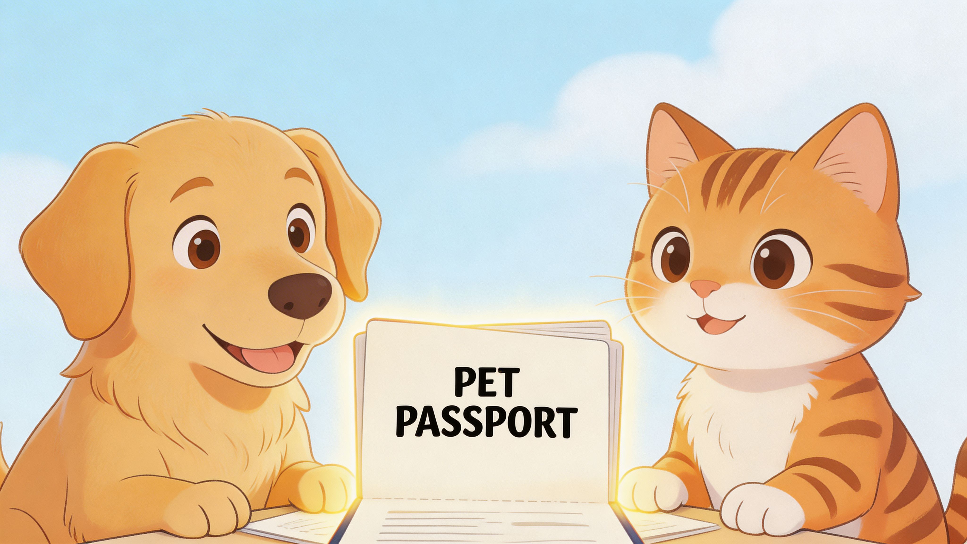 A cute cartoon puppy and tabby kitten sitting together looking at a glowing pet passport document.