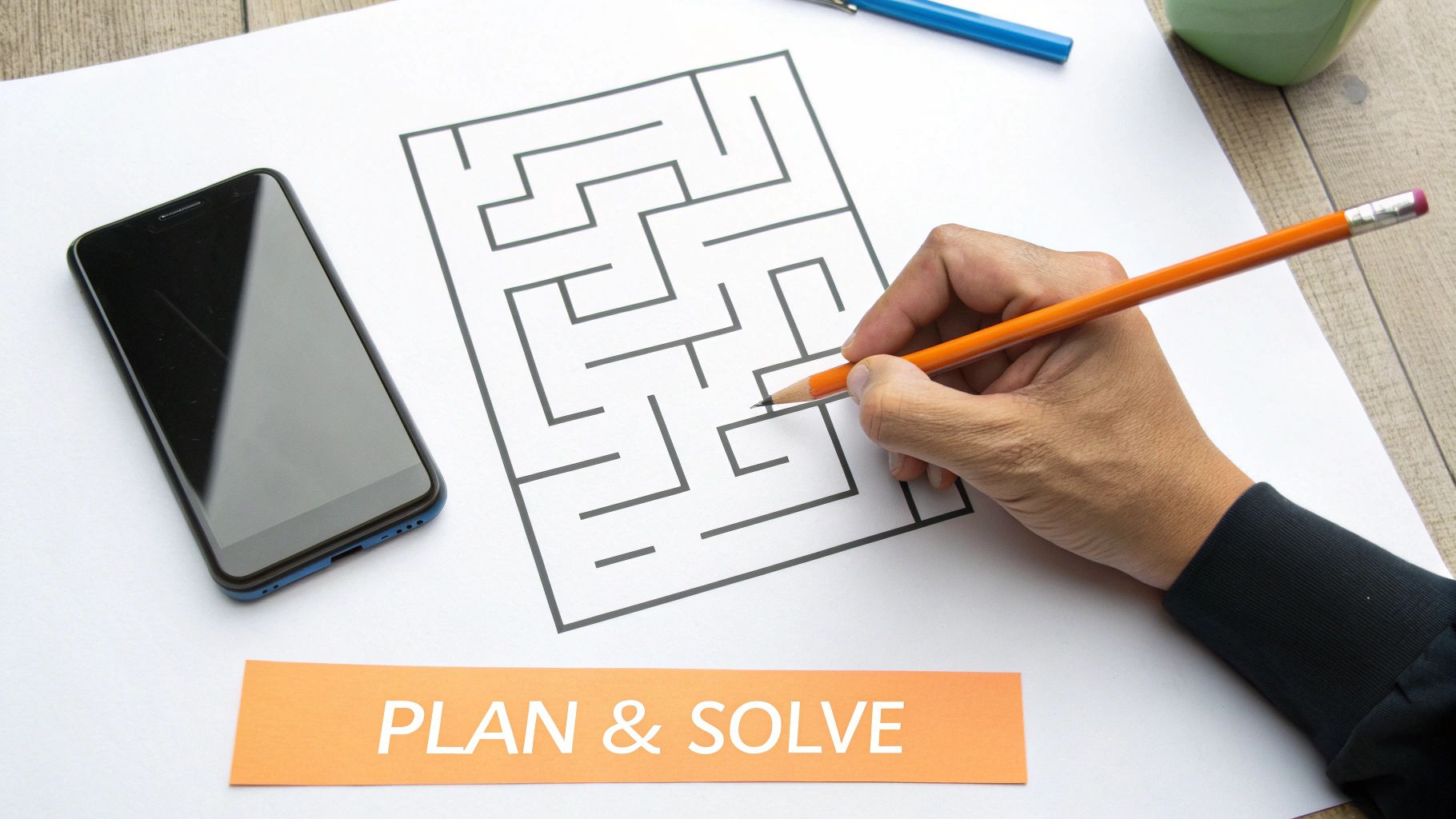 A hand holds an orange pencil, solving a maze on white paper with a phone and 'PLAN & SOLVE' text.