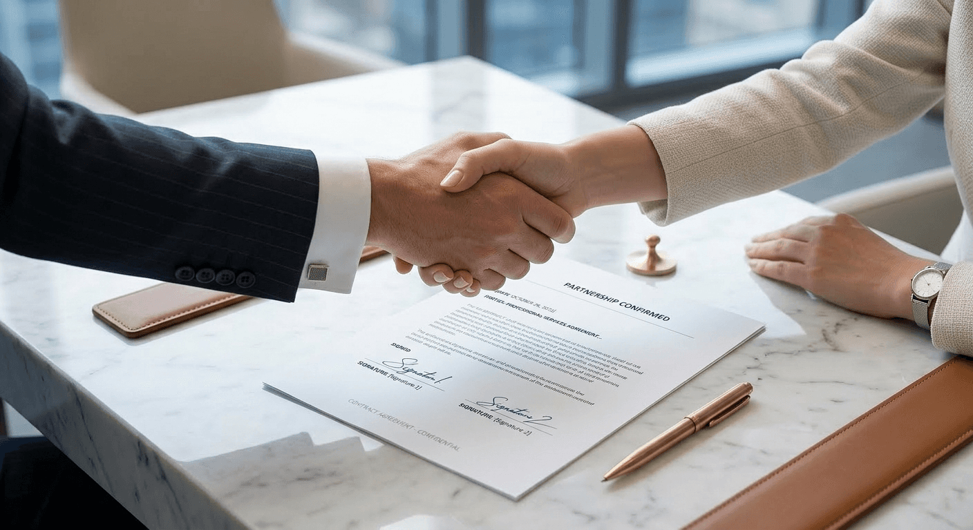  Professionals completing property transaction with signed contract